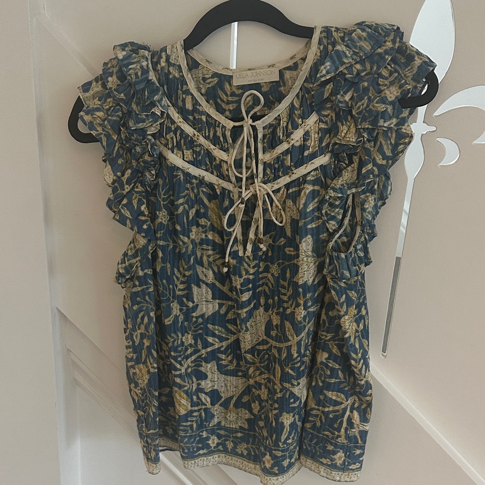 Ulla Johnson Ruffle Sleeve Top - Blue and Cream
